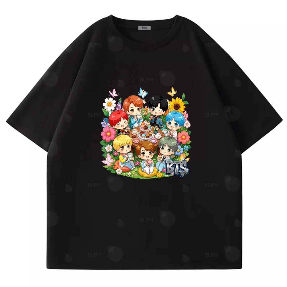 Y2K BTS BT21 Мультяшный Принт Семейные Совпадающие Футболки Повседневные Мягкие Футболки с Коротким Рукавом для Взрослых Детей Летние Топы для Вечеринок на Открытом Воздухе