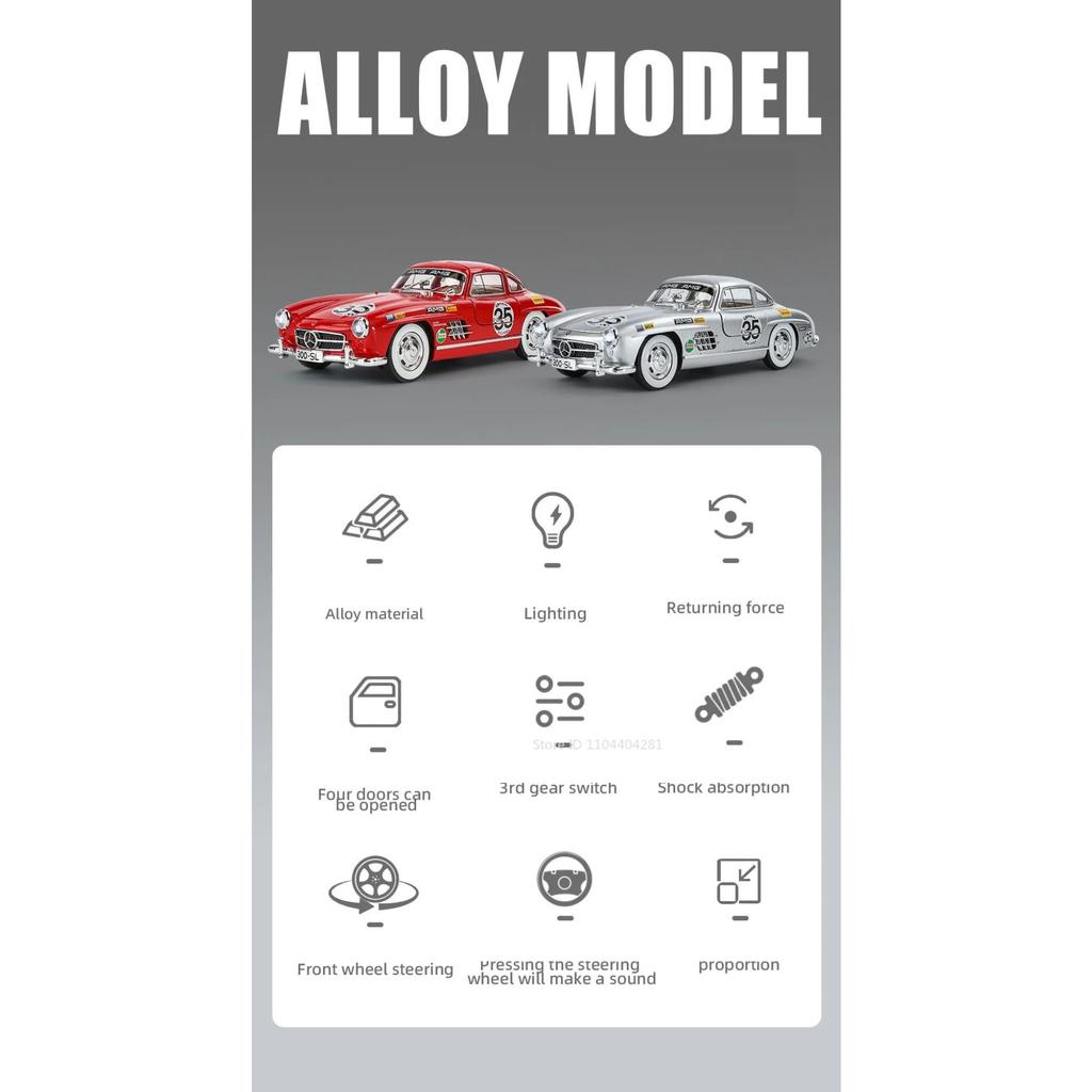 1/24 Scale BENZ 300SL Toys Cars Alloy Diecast Model 4 Doors Opened Front Wheel Steering Sound Light Vehices for Children's Gift