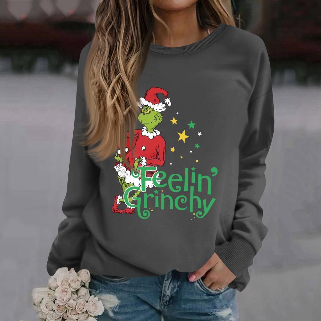 Women's Fashion Casual Long Sleeve Solid Color Christmas Printed Round Neck Top Sweatshirt