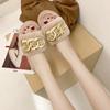 Fashion 2024 Winter New Women's Home Solid Color Metal Decoration Fluffy Furry Cotton Slippers