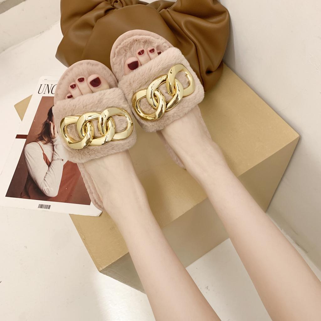 Fashion 2024 Winter New Women's Home Solid Color Metal Decoration Fluffy Furry Cotton Slippers