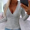 Женские осенние однотонные топы с глубоким v-образным вырезом и длинными рукавами, элегантные облегающие пуловеры с декором на пуговицах, топы в рубчик