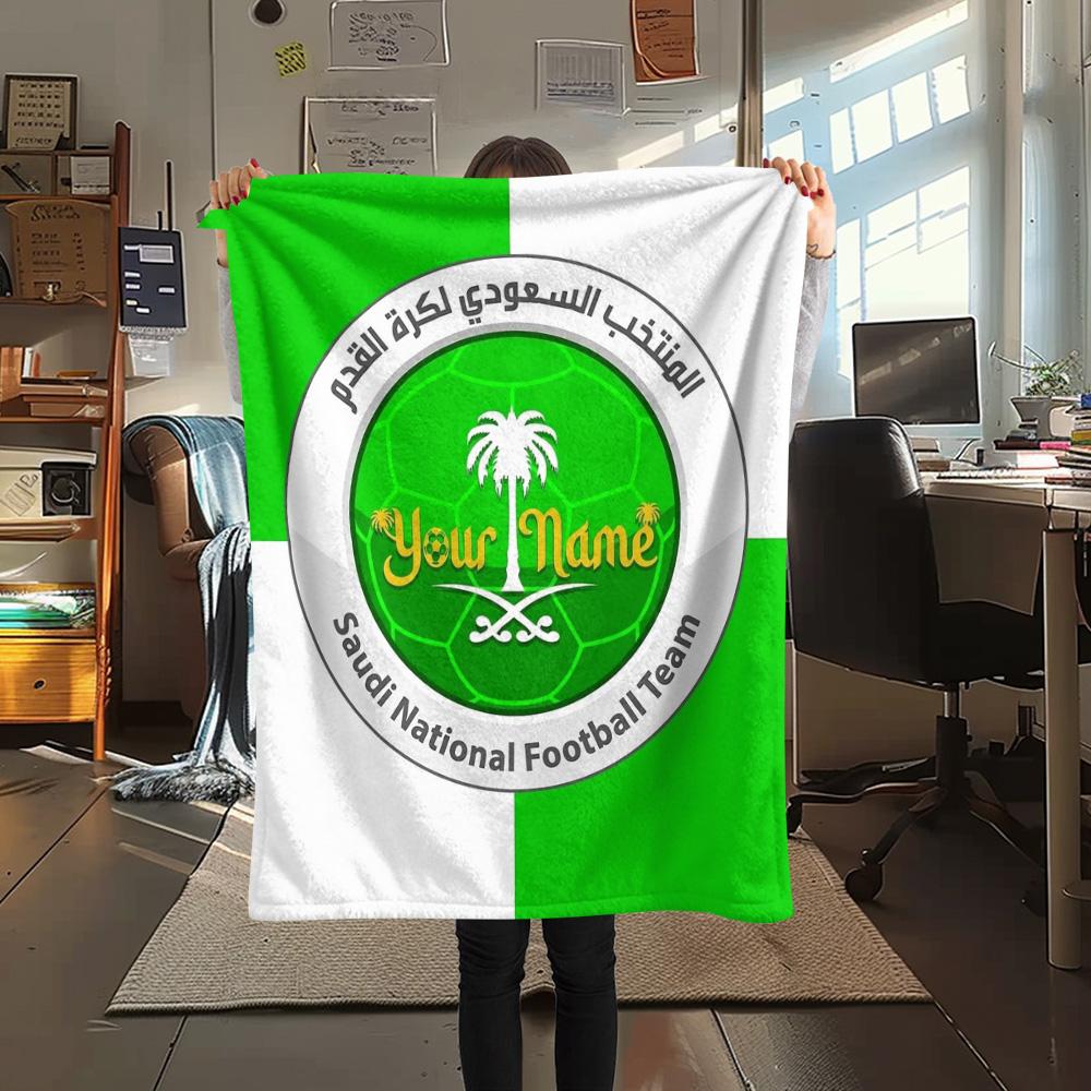 1PC Saudi Football Crest Custom Name Patterned Flannel Blanket Suitable For All Seasons For Home Decor Warmth And Comfort Gifts Holiday Present