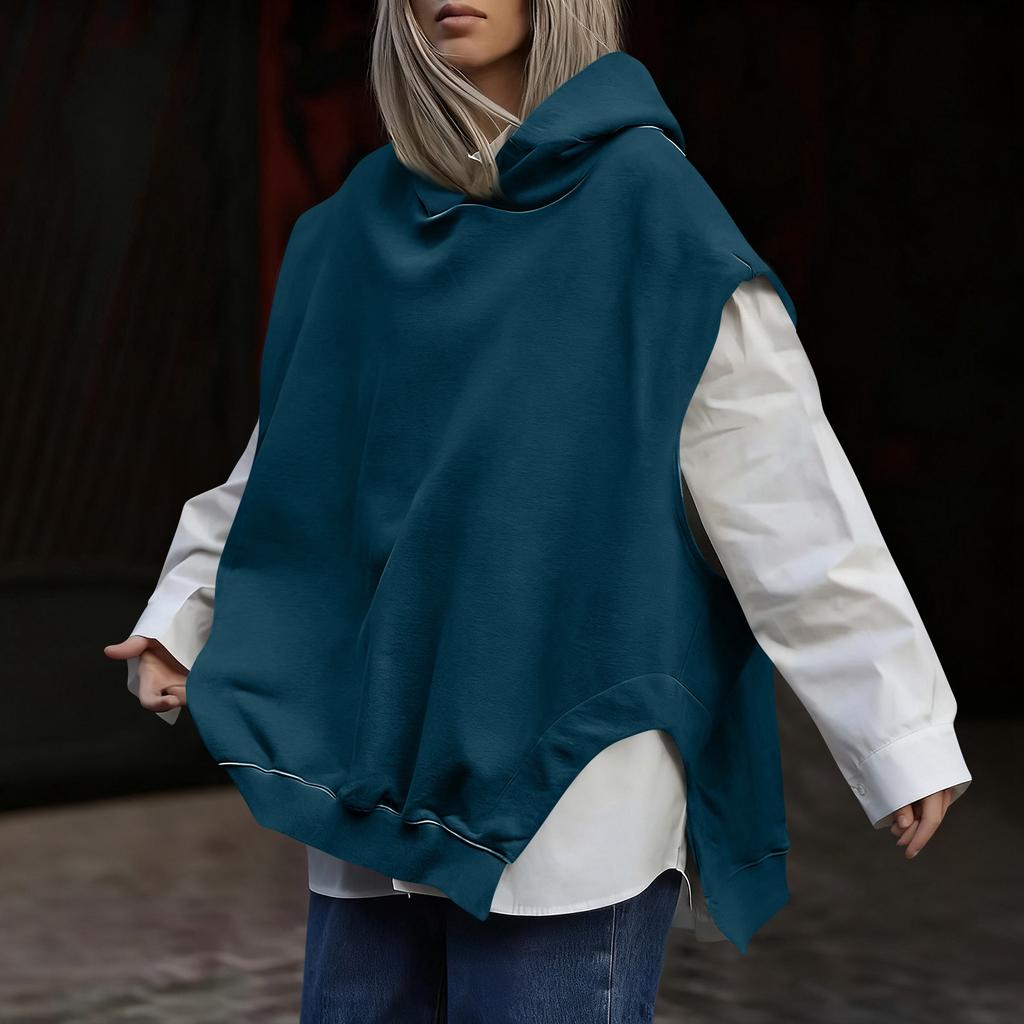 Women's Fashionable Solid Color Sleeveless Hooded Hem Asymmetrical Casual Pullover Vest Hoodie