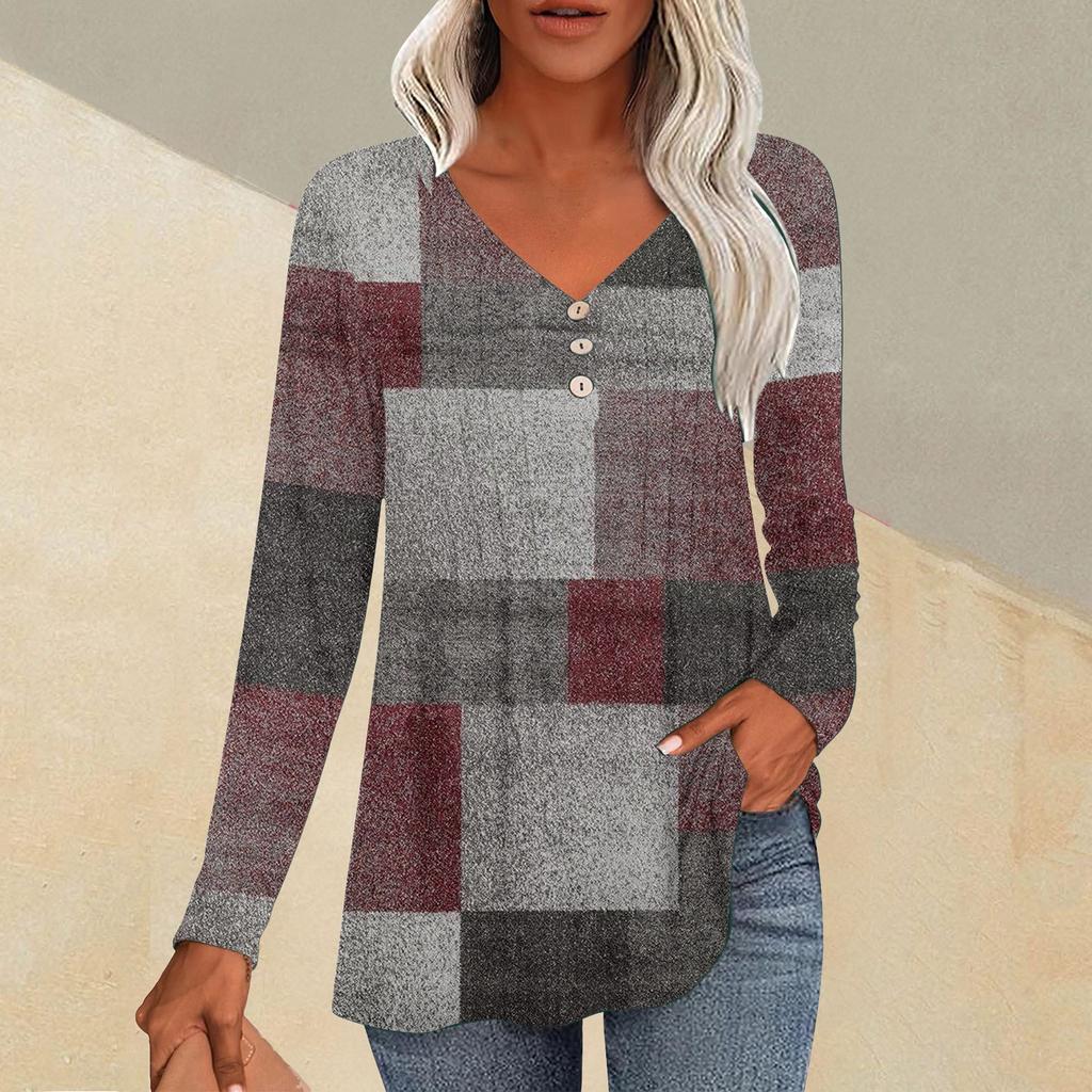 Fashion Tops Casual Pleated V-Neck Carpet Checkered Print Long Sleeve T-Shirt