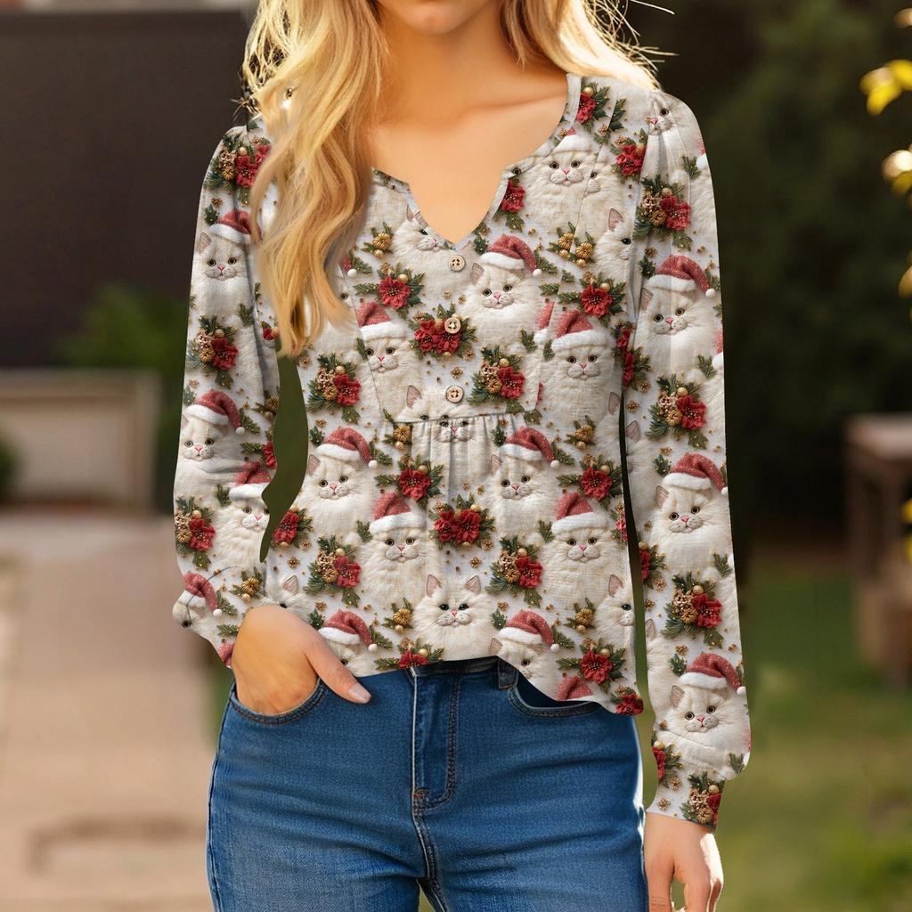 Женская модная повседневная блузка с V-образным вырезом на пуговицах с рождественским принтом, пуловер с длинными рукавами, футболка, топ