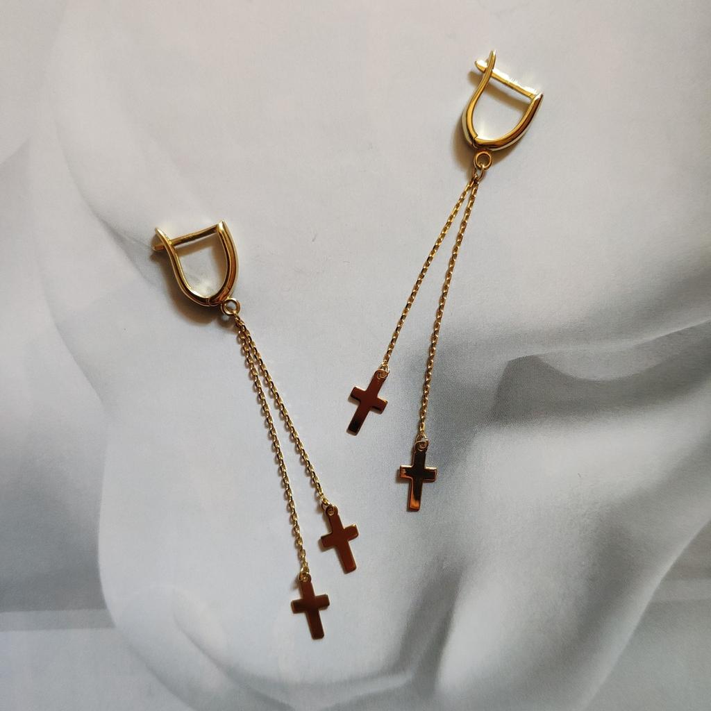 Золотые серьги длинные подвески кресты с цепочками 585 пробы желтое европейское золото без камней (209405003)