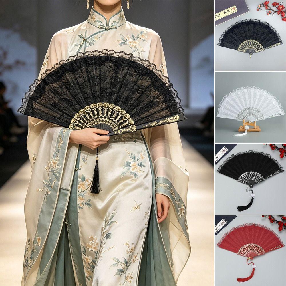 Floral Pattern Folding Fan Tassel Lace Fan Fashion Handheld Fan Photo Props