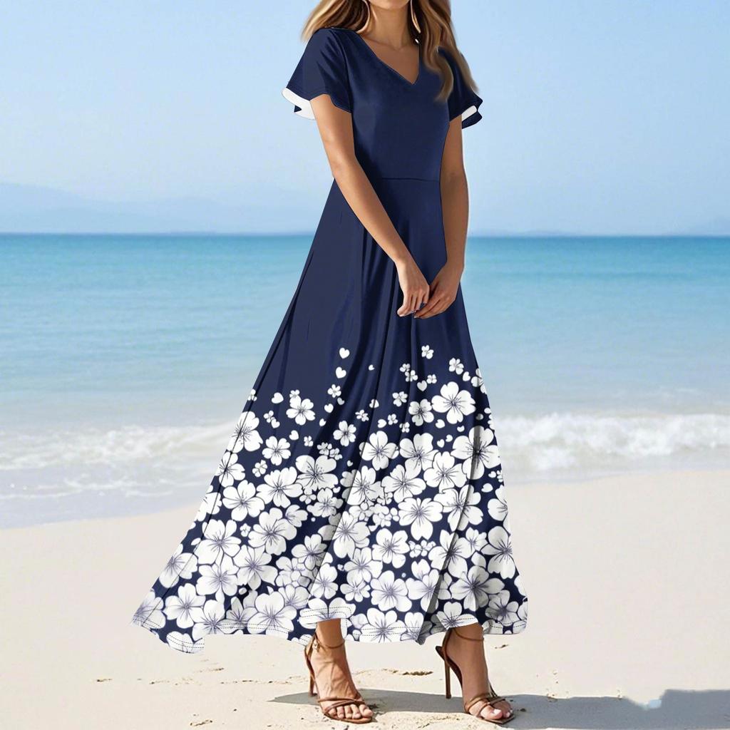 Женские повседневные модные длинные платья с принтом, платья с V-образным вырезом и коротким рукавом