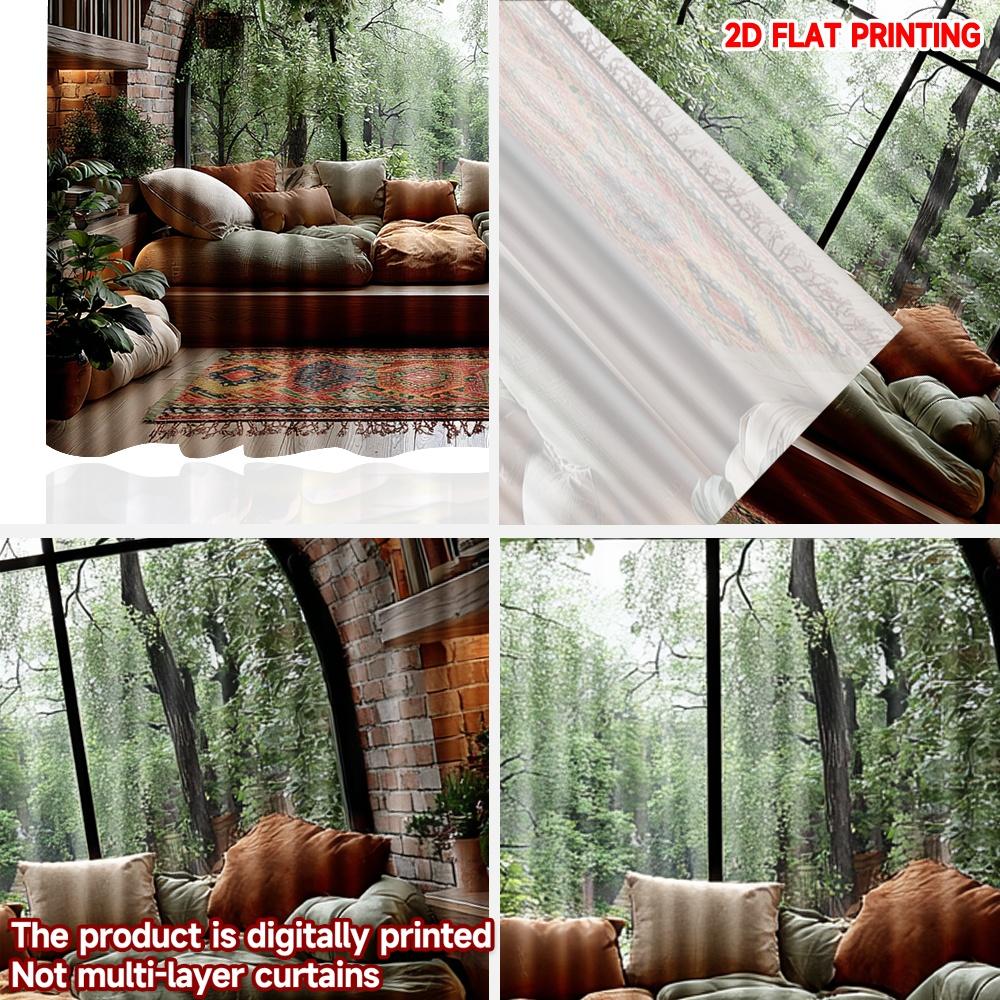Set Of 2 Arch Window Forest View Curtains Flat Digital Printing Cozy Indoor Scene Sofa Pillows Plants Single Layer Decor Curtain Polyester