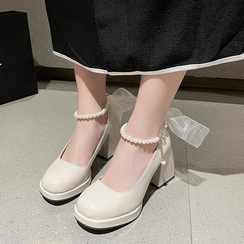 Модные женские туфли на высоком каблуке с элегантным бантом и квадратным носком, черные туфли на высоком каблуке, модные туфли на толстом каблуке для свадебной вечеринки с жемчужным кружевом