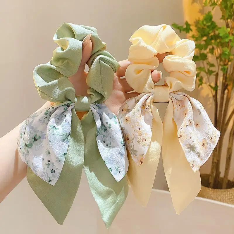 New Floral Print Bow Elastic Hair Bands Women Hair Ties Women Elegant Ribbon Rubber Band Headwear Girls Women Hair Accessories