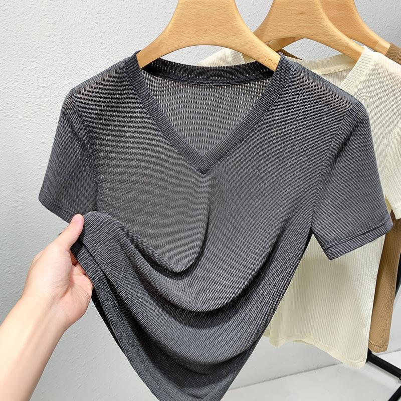 V-neck Short-sleeved T-shirt for Women New Women's Clothing, Ice Silk Thin Hollow Mesh, Fashionable Small Shirt, Temperament Waist-hugging Top
