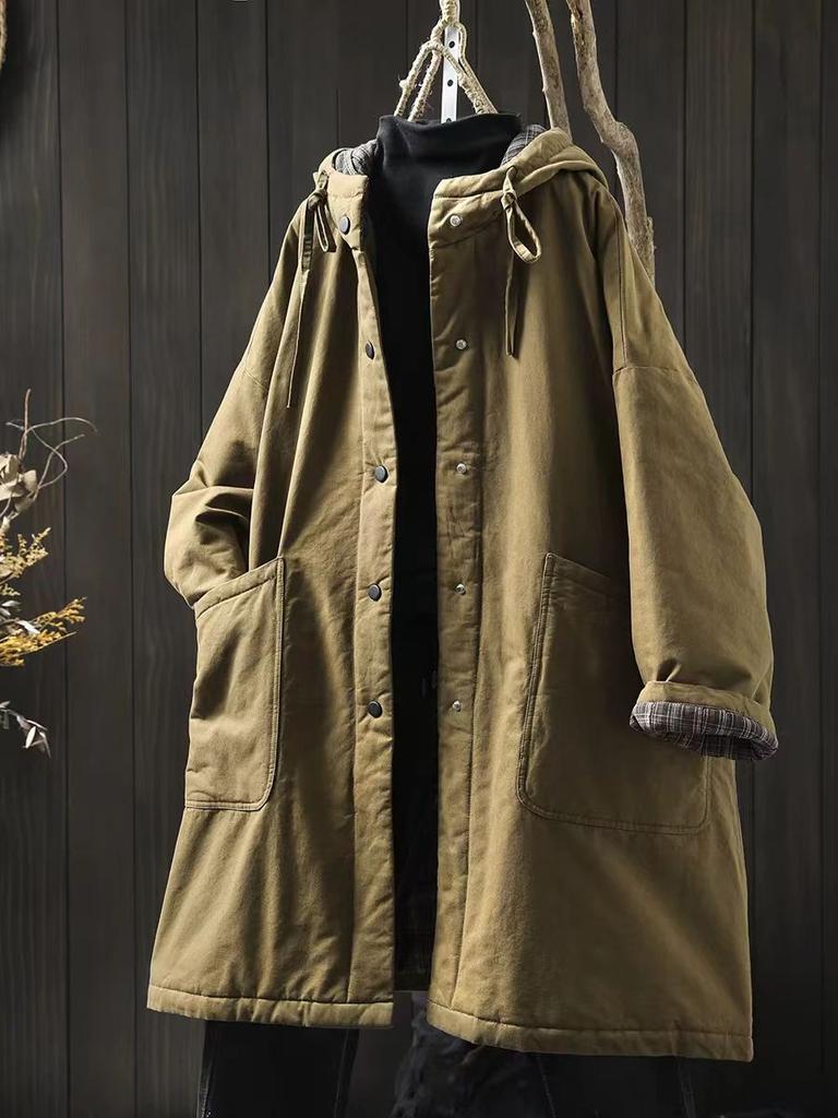 Johnature Women Vintage Hooded Warm Winter Solid Color Button Pockets Coats