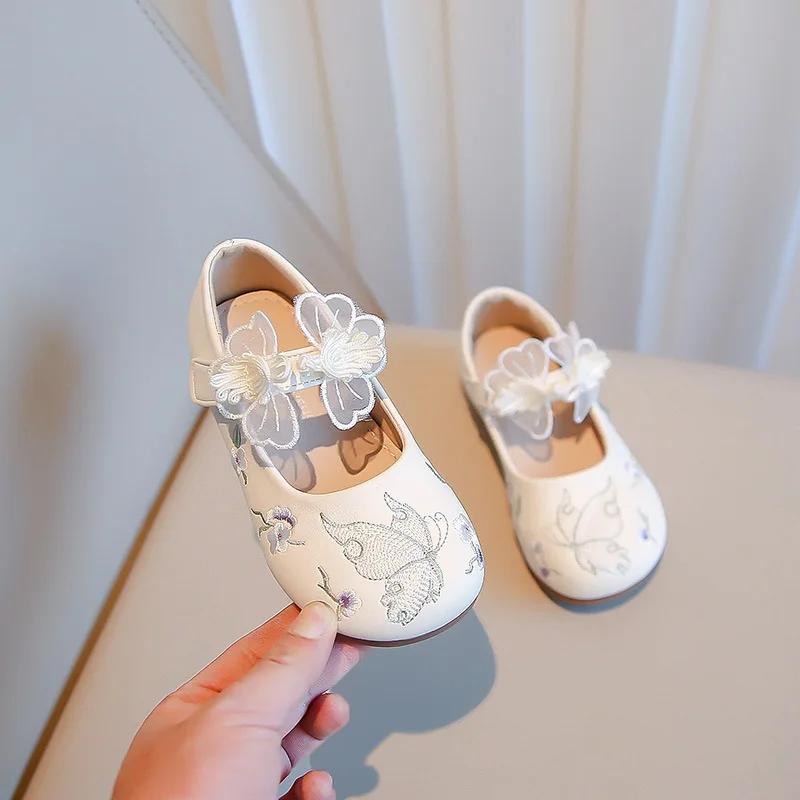 Милые женские туфли принцессы из кожи, вышитые вручную бабочки, детские туфли на плоской подошве, модные универсальные детские туфли ханьфу