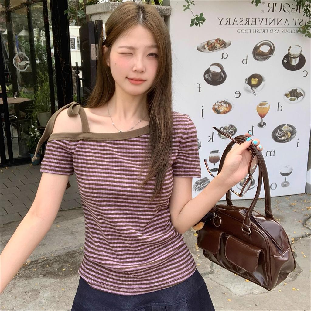 Хараюку Женские футболки летние с коротким рукавом косой воротник повседневные сексуальные на шнуровке фиолетовая полоска приталенная футболка женские y2k кроп-топы одежда