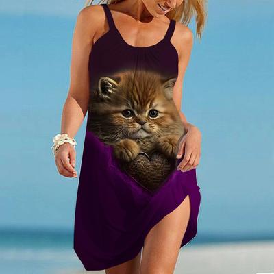 Женское пляжное платье Пляжная одежда Мини-платье с принтом молочного кота Повседневное современное платье без рукавов Свободный крой Повседневное уличное розовое синее летнее