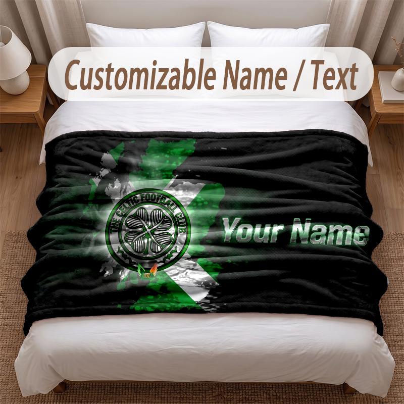 Celtic FC Printed Flannel Blanket Custom Name Text Soft Warm Throw For Bedroom Holiday Gift