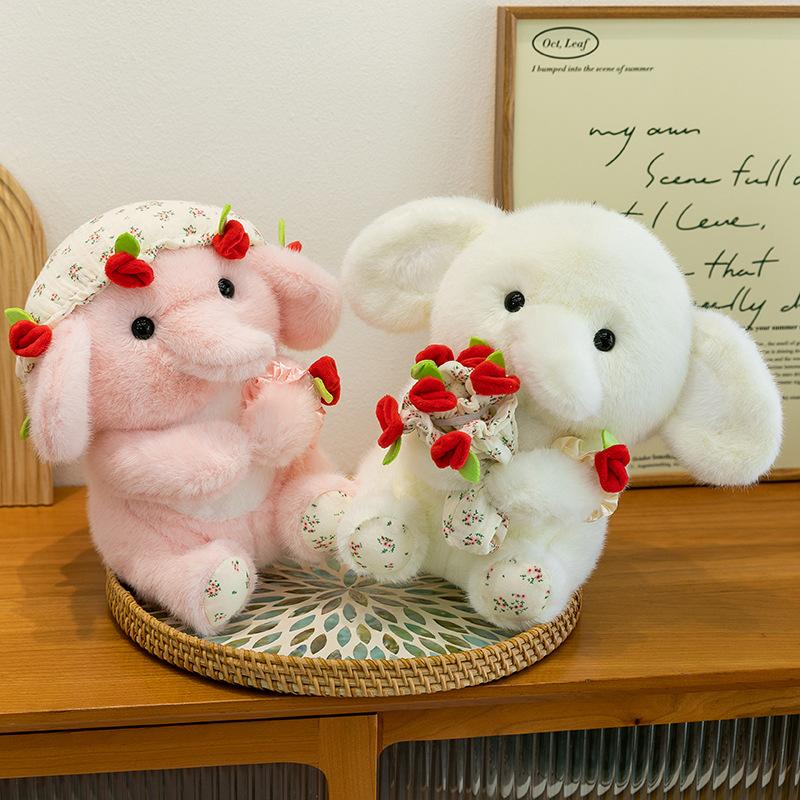 Creative Plush Elephant Holding Rose, Transformable Flower Bouquet Beanie, Girlfriend Valentine Gift Kids Stuffed Animal