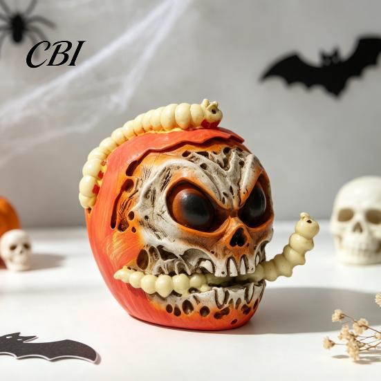 Unique Halloween Gift for Collectors Skull Apples Resin Statue, Gothic Spooky Decor with Niche Horror Collection Pieces Worm, Prop Party Haunted