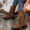 Foreign Trade Large Size Fringed Boots Women's Round Head Medium Thick Heel Retro Western Cowboy Boots Frosted Leather Fashion Short Boots