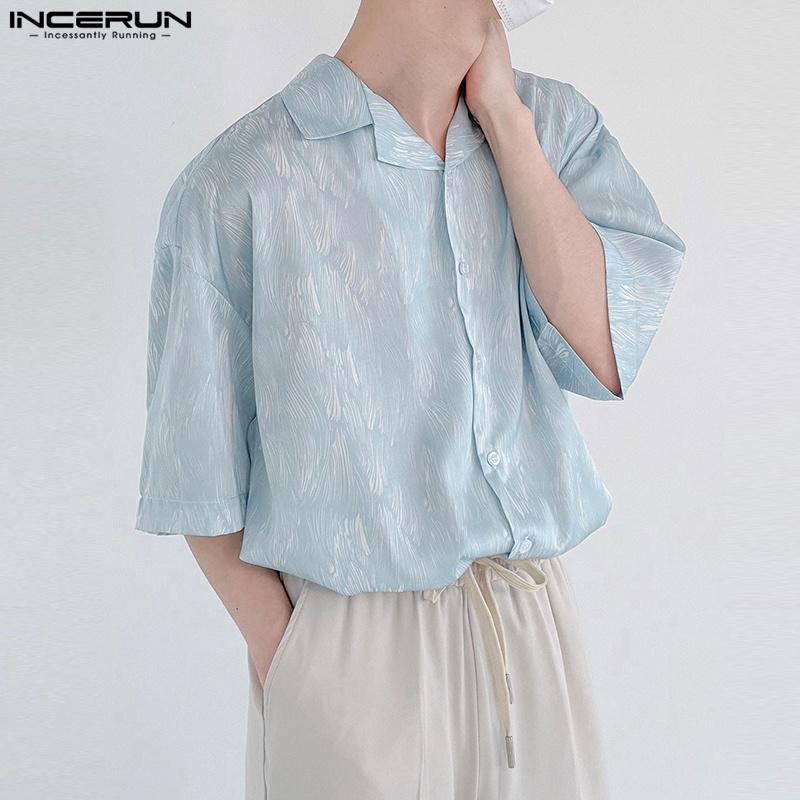 INCERUN Летние свободные мужские рубашки с воротником-лацканом и коротким рукавом с принтом