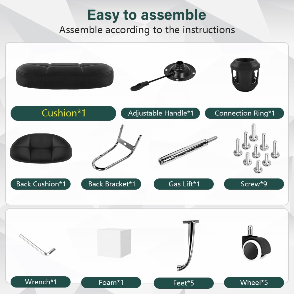 BFTOU Black Square Minimalist Swivel Stool with Wheels Work Spa Shop Massage Height Adjustable and Rolling Stool Chair with Backrest Cost-Effective