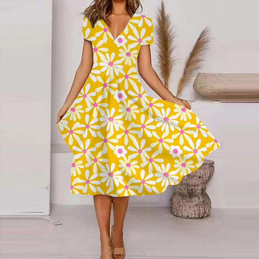 Women's Summer Casual Fashion Floral Print Short Sleeve V-Neck Swing Dress