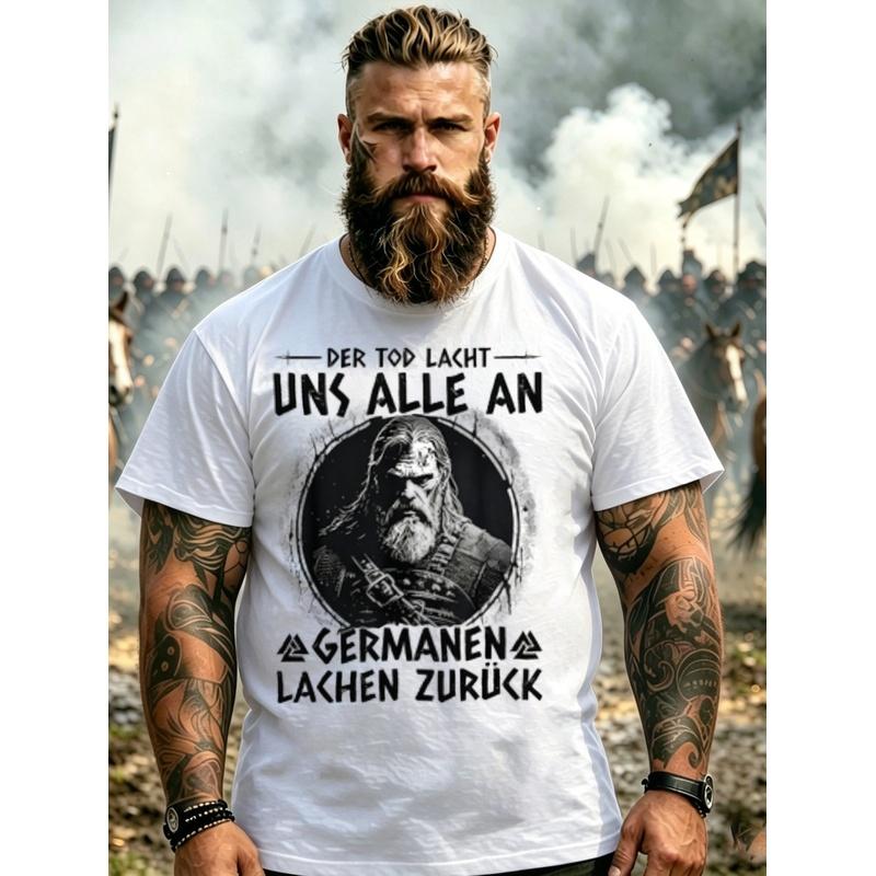 Men'S Black T-Shirt With Viking Warrior Graphic And German Text For Battle And Outdoor Events, PLUS SIZE