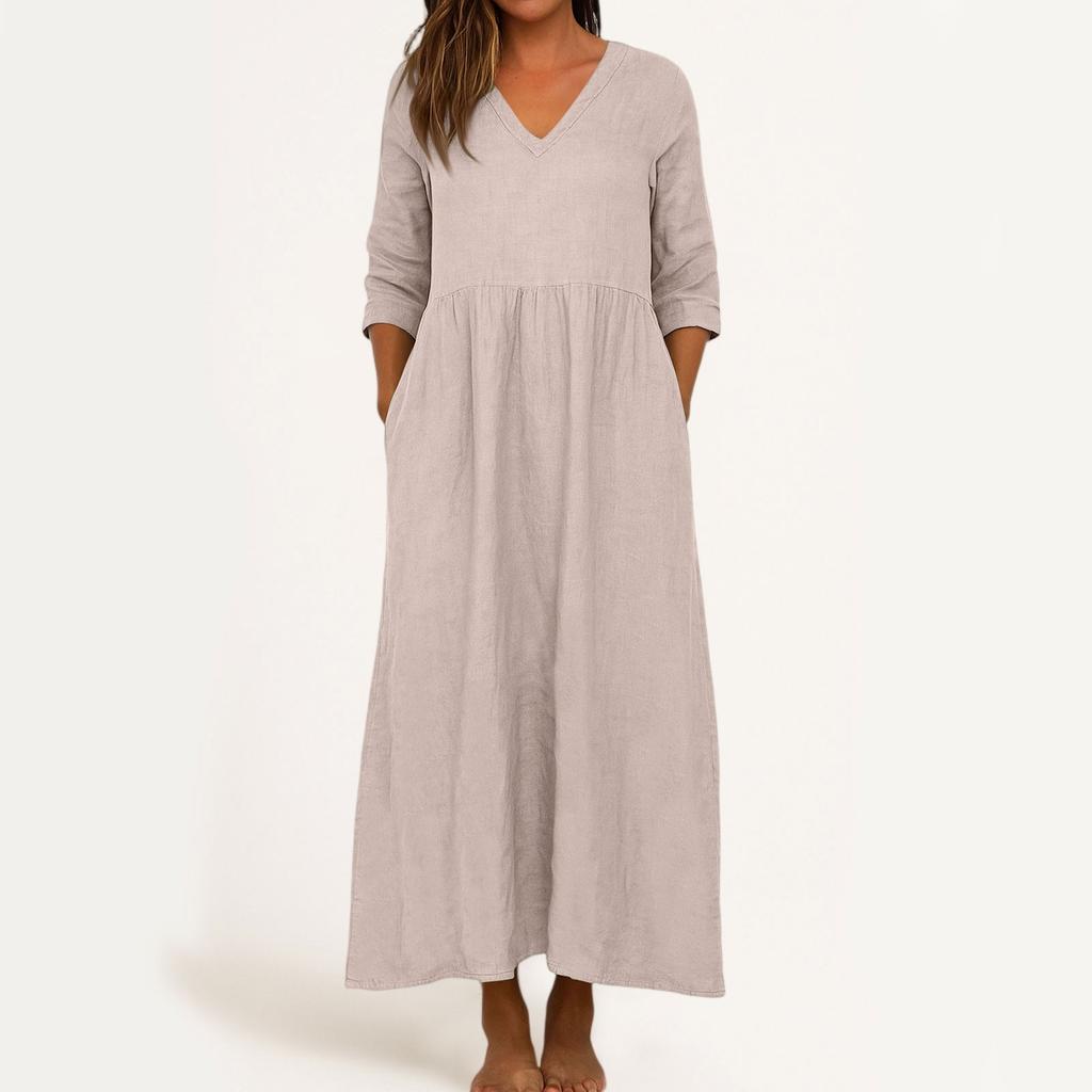 Dress For Women Long Boho Beach Dress Elegant Maxi Dress V-Neck 3/4 Sleeve Dress With Pockets