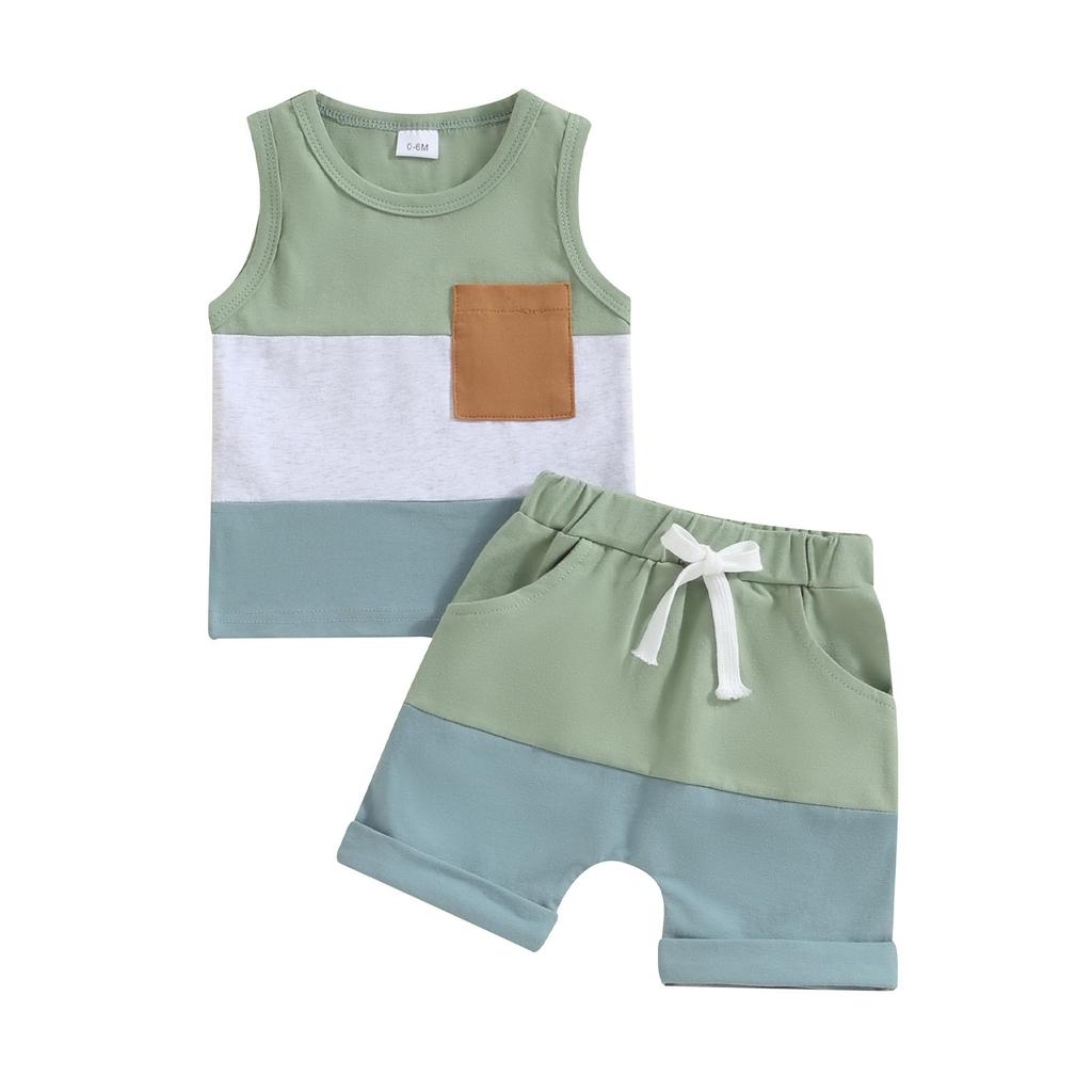 2Pcs Baby Boy Summer Outfits 6M 12M 18M 24M Sleeveless Contrast Color Pocket Tank Tops + Shorts Set Toddler Clothes