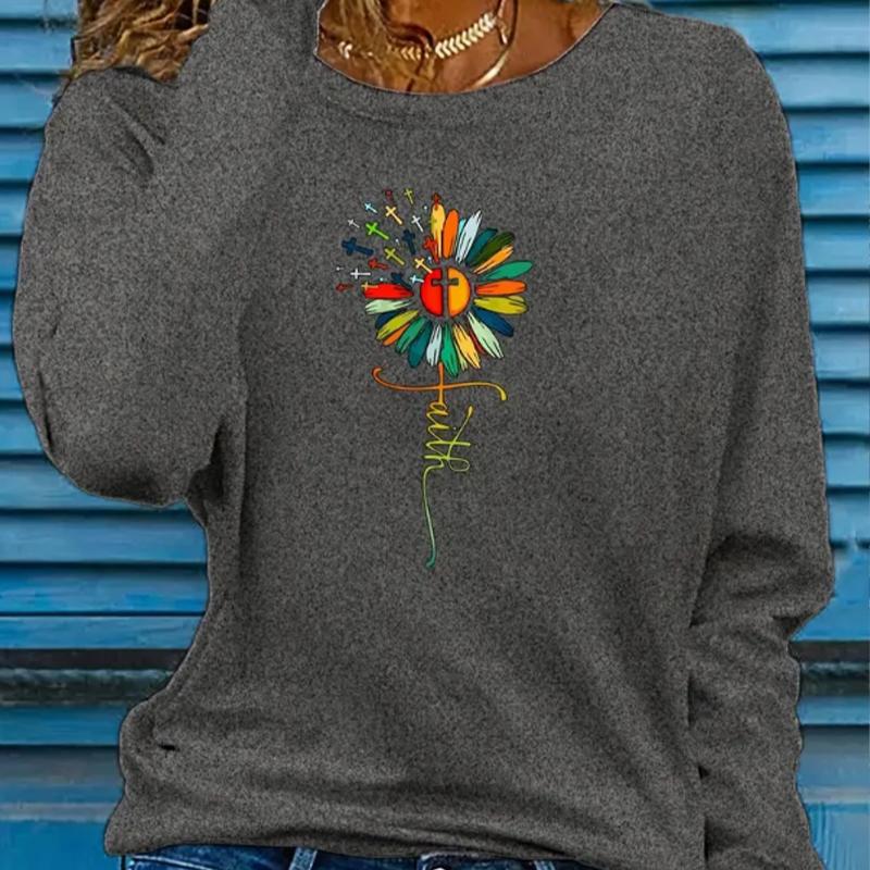 Топы для женщин с цветным принтом в виде букв и цветов, с круглым вырезом и длинным рукавом, осенняя повседневная тонкая кофта-пуловер для женщин с длинным рукавом