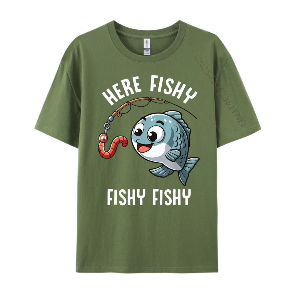 Here Fishy Fishing Funny Worm Cute Fish Fisherman Oversized T Shirt Men Summer Original Mens TShirts Character New Tshirt