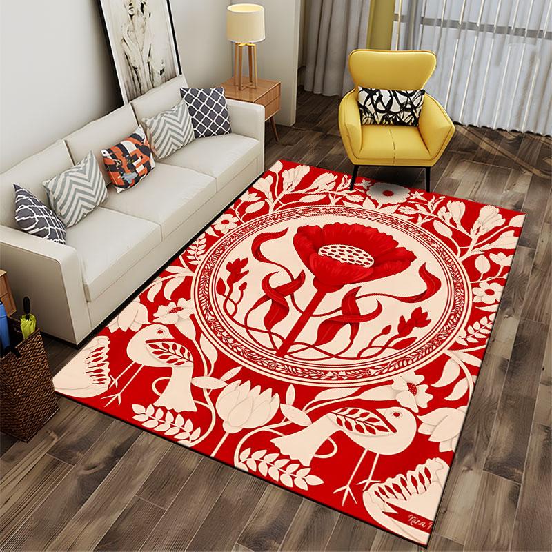 Red Floral Pattern with Birds suitable as a non-slip mat for the living room or bedroom sofa