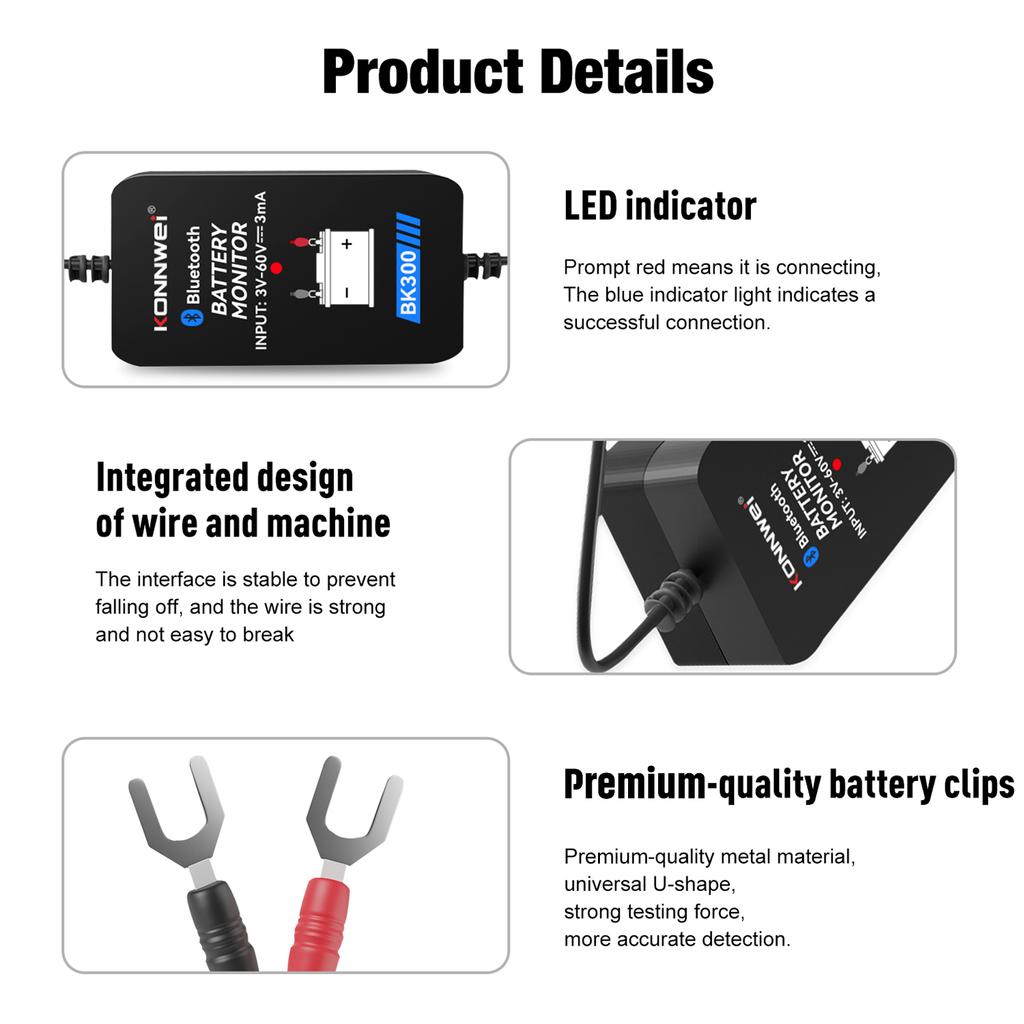 KONNWEI BK300 Беспроводной монитор аккумулятора и тестер электрической системы BT 5.0 Интеллектуальная батарея