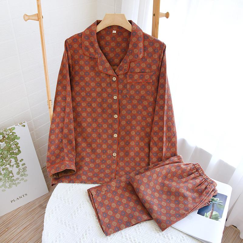 Весна Осень Дамы Женщины Пижамный Комплект Винтаж Листья Напечатаны Хлопок Отложной Воротник Длинные Рукава Брюки