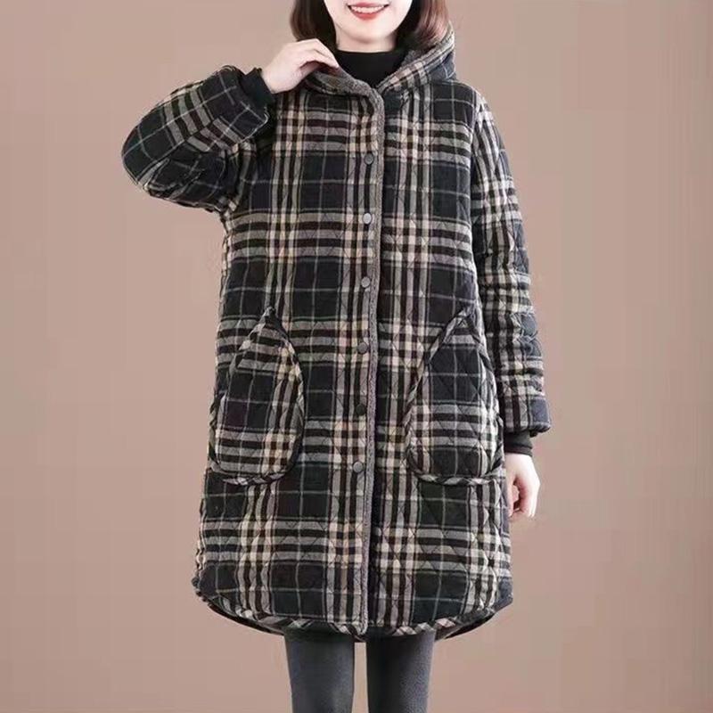 Хлопковая куртка, женская осенне-зимняя длинная утолщенная клетчатая куртка с капюшоном, теплая хлопковая куртка большого размера