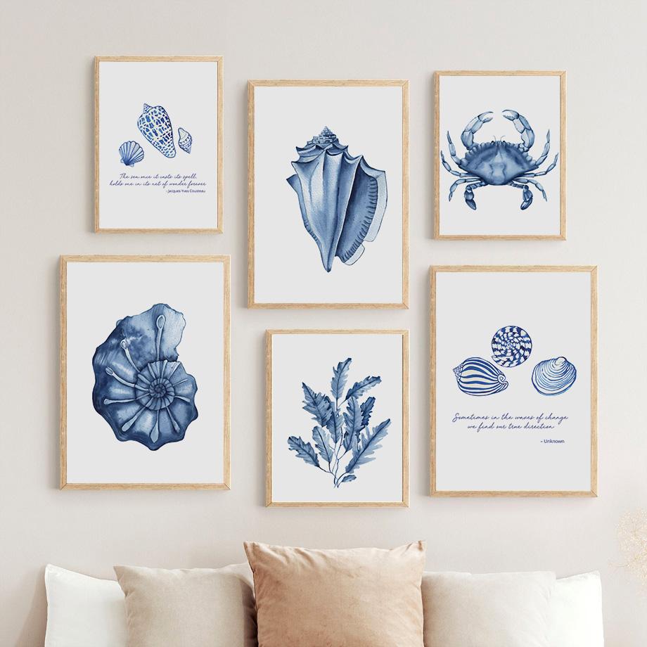 Акварельные синие прибрежные морские существа, постеры с принтами, осьминог, раковина, медуза, настенная живопись на холсте, детская комната, домашний декор