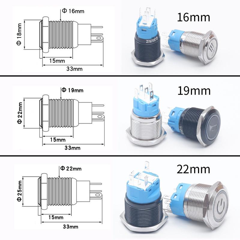 16/19/22mm ized Metal Push Button Switch with Socket Start Stop For Car Boat Fog Black/Silver Waterproof LED Light 12V 24V