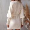 IHUASU Autumn and Winter Mid-length Cardigan Solid Colour Women's Knitted Tie Cardigan Jumper