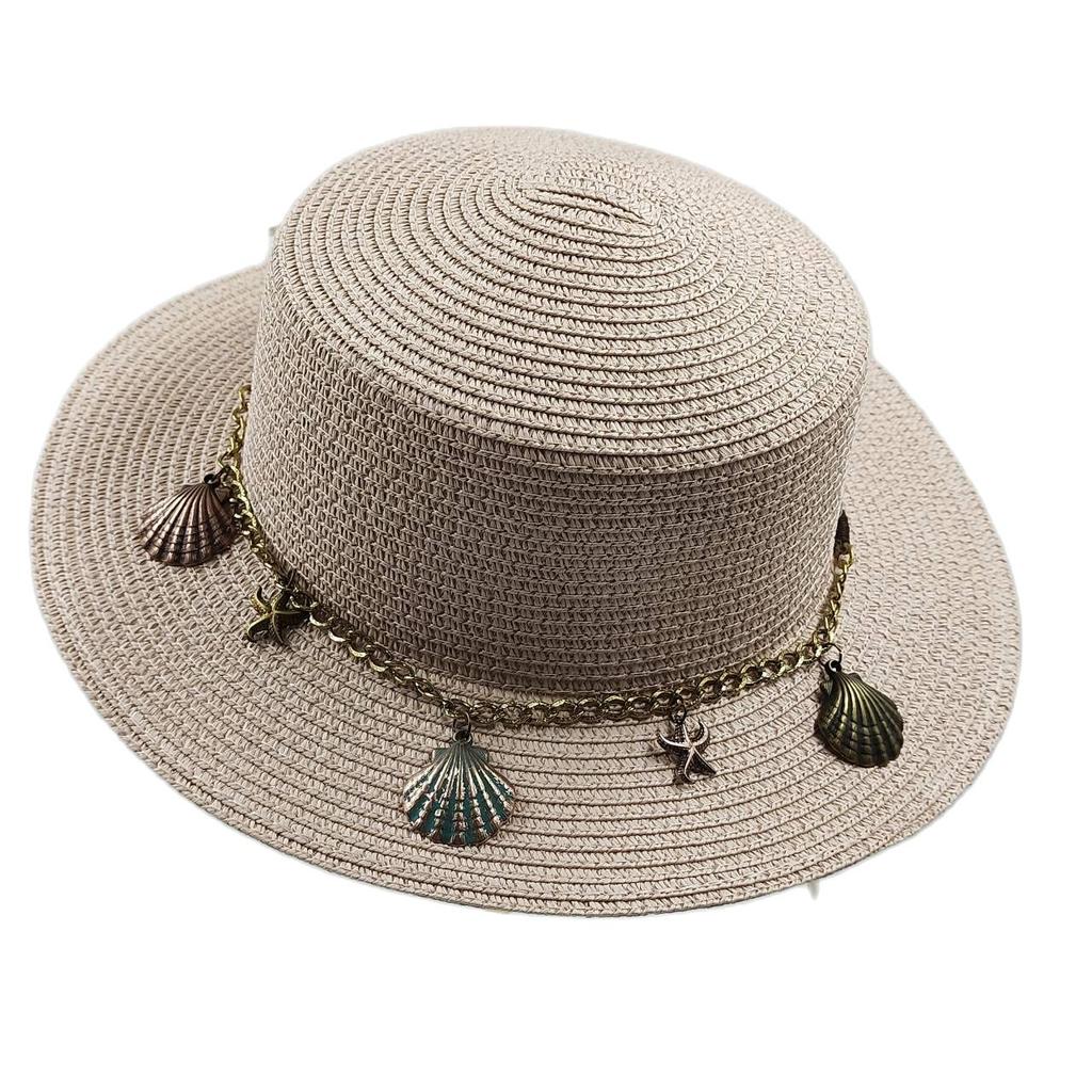 Flat Top Straw Hat Belt Accessories Leisure Summer Sunscreen Hat Women's Fashionable Beach Boater Hat Gifts 2023