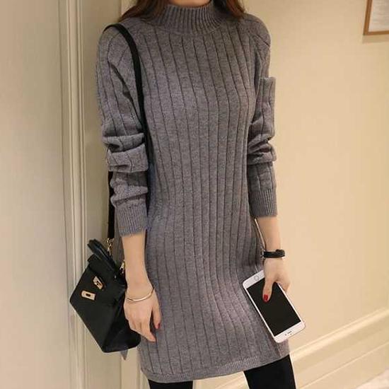 Женское зимне-осеннее трикотажное платье с высоким воротником, вязаный топ, однотонная юбка-свитер, утолщенная