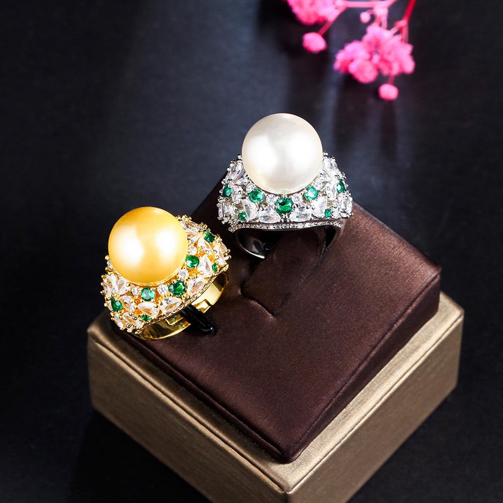 Ювелирные изделия CMM Регулируемый зеленый кубический цирконий большой искусственный жемчуг обручальные кольца для женщин CZ ювелирные изделия для свадебной вечеринки