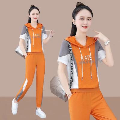 Женский костюм, новинка весны и лета, комплект из 2 предметов, укороченный топ с капюшоном и короткими рукавами, брюки, спортивный костюм для отдыха, корейская модная одежда
