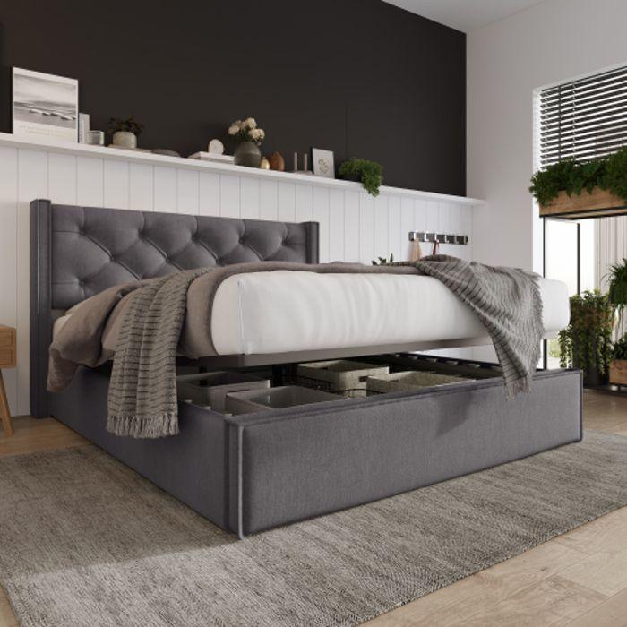 Lit hydraulique - 160x200 cm - Coton gris - Sommier à lattes - Matelas inclus