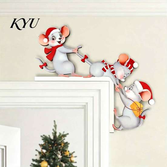 Seasonal Decorative Wood Craft Christmas Cartoon Three Mice Wooden Door Frame Decor, Santa Mouse Festive Animal Wall Art Corner Ornament, Xmas