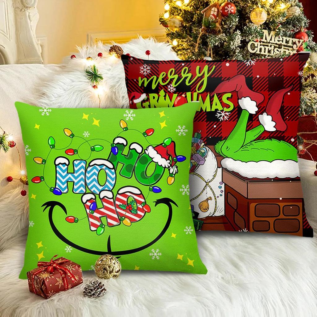 4PCS Christmas Happy Throw Pillow Cover, 18 X 18 Inch, Winter Holiday Cushion Cover Sofa Decor