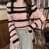 Autumn New Sexy Striped Sweater for Women, Short Design, Discreet Off-shoulder Sweater Top