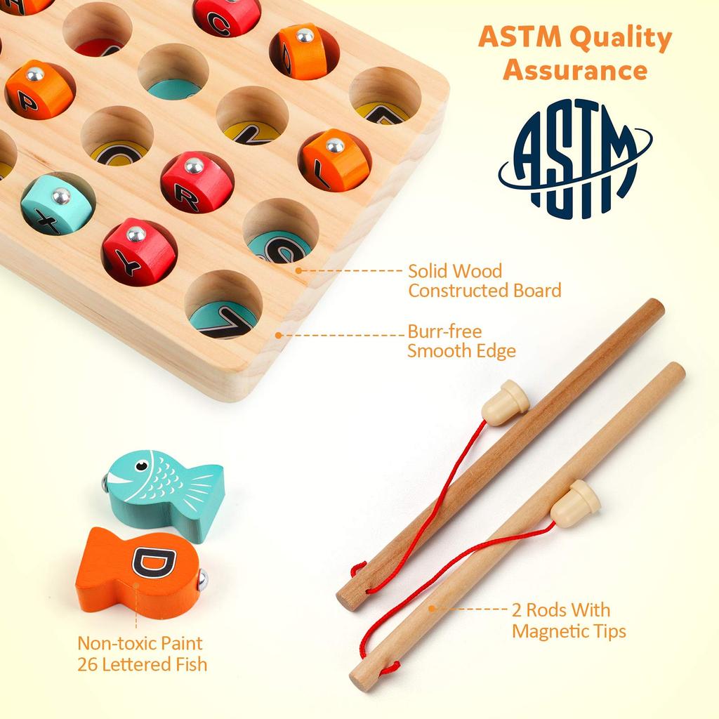 Деревянная магнитная игра «Рыбалка», игрушка для развития мелкой моторики, пазл для сортировки по цвету с алфавитом ABC, Монтессори, распознавание букв, подарок для дошкольников с 2 удочками