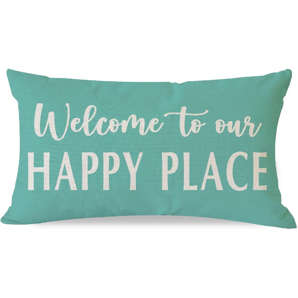 Decorative Throw Pillow Cover 12x20 Inch Welcome to Our Happy Place Black White Outdoor Modern Farmhouse Front Porch Patio Decor Lumbar Cushion Case